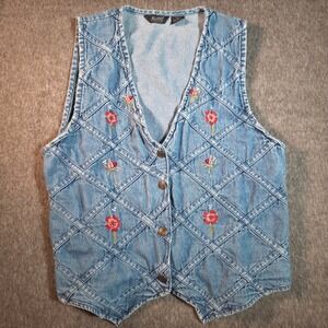 Vintage Agapo Collection Medium Denim Vest Embroidered Floral Lattice Y2K